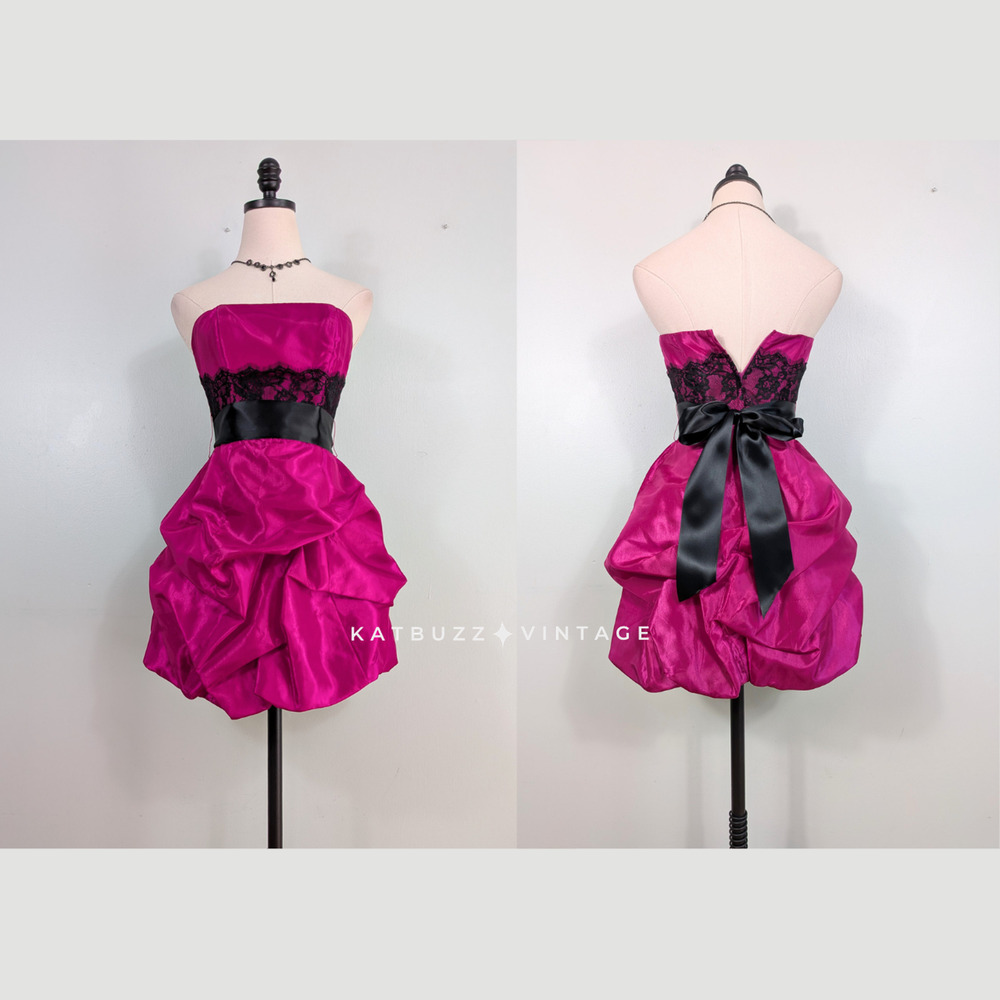 Vintage Mcclintock Prom Dress Mini Gown XS Pink Black Lace Y2K Glam Bubble Retro